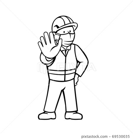 Construction Worker Wearing Face Mask Showing Stop Hand Signal Black and White Cartoon 69530035