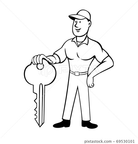 Locksmith or Keymaker Standing and Holding Key Front View Cartoon Black and White Locksmith or Keymaker Standing and Holding Key Front View Cartoon Black and White 69530101