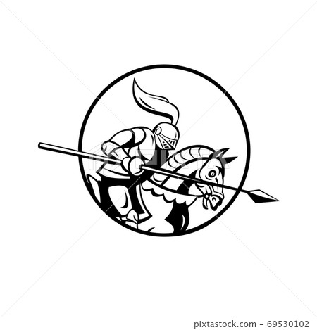 Medieval Knight with Lance Riding Steed Side Retro Black and White Medieval Knight with Lance Riding Steed Side Retro Black and White 69530102
