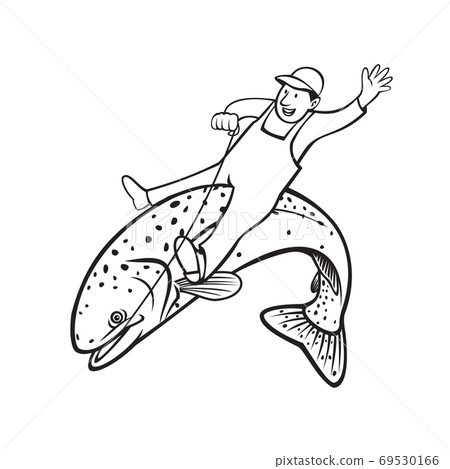 Trout Fisherman Riding Steelhead or Rainbow Trout Retro Stencil Black and White 69530166