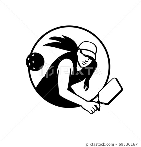 Female Pickleball Player with Paddle Inside Circle Retro Black and White 69530167