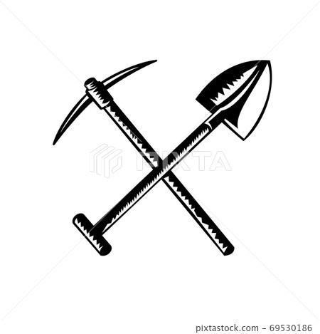 Crossed Spade or Shovel and Mining Pick Ax Pickaxe Pick-Axe or Pick Retro Woodcut Black and White 69530186