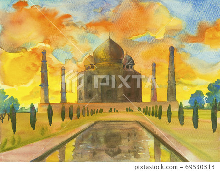 Watercolor painting of archaeological site. 69530313