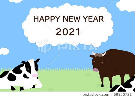 Holstein cow and Japanese black New Year's card illustration Holstein cow and Japanese black New Year's card illustration 69530721