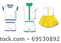 Realistic baby bodysuit, shirt, pants, shorts, dress template isolated. Baby boy clothes mockup for newborns. Vector illustration 69530892