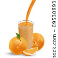 Fresh orange fruit with grean leaves. Orange juice with splash isolated on white. 3d Vector illustration for your design 69530893