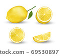 Realistic set of Lemon elements. Fresh yellow lemon isolated on white background with green leaves. Vector 3d illustration 69530897
