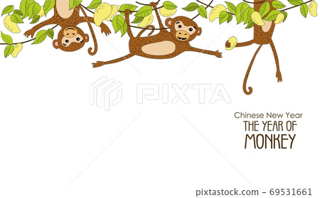 Three Very Cheeky. Illustration of a group of monkeys getting up to all sorts of mischievous tricks and fun. In the jungle collect mangoes. 69531661