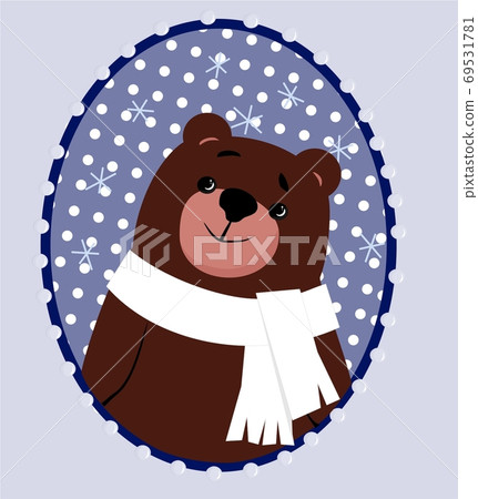 Smiling Bear wearing a scarf surrounded by snowflakes vector 69531781