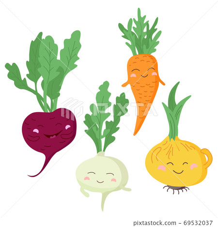 Set of Cute vegetables: beetroot, onion, turnip, carrot. Root-crops. Happy smiling vegetables. Healthly food. Kawaii vector characters isolated on white background. 69532037