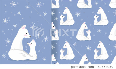 Draw a vector illustration of a cute white foxes: mom and fox surrounded by snowflakes on a blue background. For printing on fabric, posters, calendar. The concept of a cozy winter. Draw a vector illustration of a cute white foxes: mom and fox surrounded by snowflakes on a blue background. For printing on fabric, posters, calendar. The concept of a cozy winter. 69532039