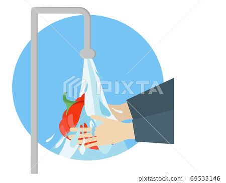 Wash fruits and vegetables. hands hold pepper under the tap of water. washing food. Vector illustration flat design. Personal hygiene. Disinfection, antibacterial. Wash fruits and vegetables. hands hold pepper under the tap of water. washing food. Vector illustration flat design. Personal hygiene. Disinfection, antibacterial. 69533146