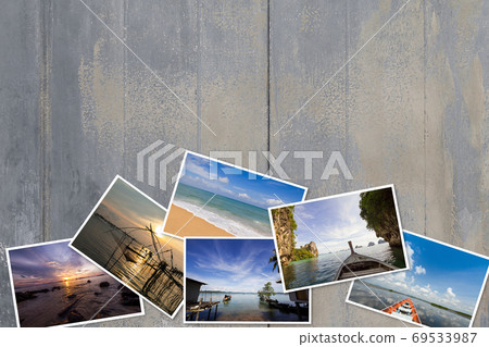 Photos stack on dirty vintage grunge peeling paint wooden background 69533987