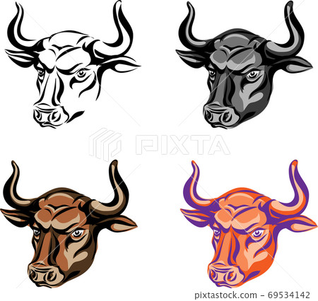 Bull, various images of the bull's head, various graphics and color images, portrait 69534142