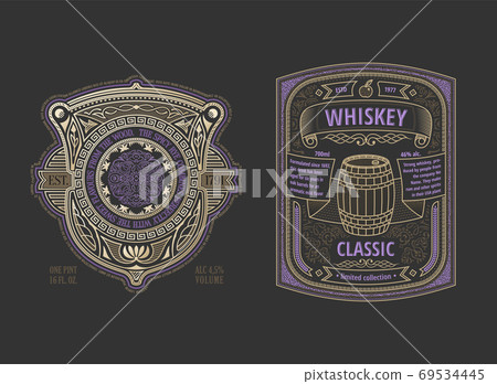 Two stylish vintage whiskey labels. Logo template design for alcohol bottle or can 69534445