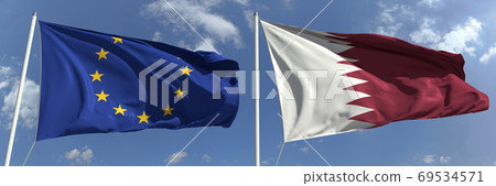 Flags of the European Union and Qatar on flagpoles. 3d rendering Flags of the European Union and Qatar on flagpoles. 3d rendering 69534571
