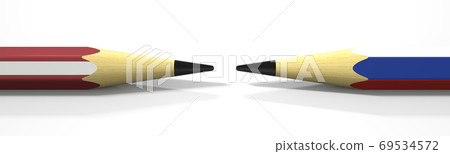 Pencils with flags of Latvia and Russia. Political conflict concept. 3d rendering Pencils with flags of Latvia and Russia. Political conflict concept. 3d rendering 69534572