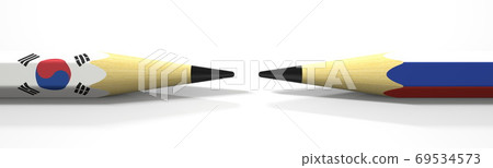 Flags of Korea and Russia on the pencils, 3d rendering Flags of Korea and Russia on the pencils, 3d rendering 69534573