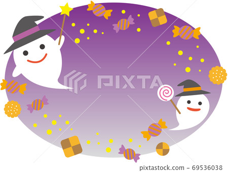 Cute ghost frame with candy and Halloween hat Cute ghost frame with candy and Halloween hat 69536038
