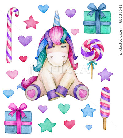 Cute unicorn and elements for design, isolated on white. Waterco Cute unicorn and elements for design, isolated on white. Waterco 69539041