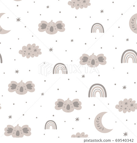 Koala pattern Baby scandinavian pattern Boho grey rainbows, cute koala face, sleeping. Kids animal texture 69540342