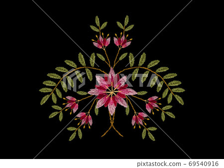 Embroidery satin stitch bouquet of pink with red cornflowers with delicate buds and bent branches with green leaves on a black background Embroidery satin stitch bouquet of pink with red cornflowers with delicate buds and bent branches with green leaves on a black background 69540916