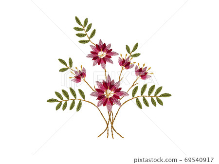 Embroidered satin stitch delicate bouquet of pink- red cornflowers and green leaves on white background Embroidered satin stitch delicate bouquet of pink- red cornflowers and green leaves on white background 69540917