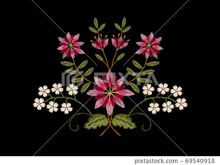 Embroidery satin stitch bouquet of pink with red cornflowers with delicate white flowers and wavy branches on a black background Embroidery satin stitch bouquet of pink with red cornflowers with delicate white flowers and wavy branches on a black background 69540918