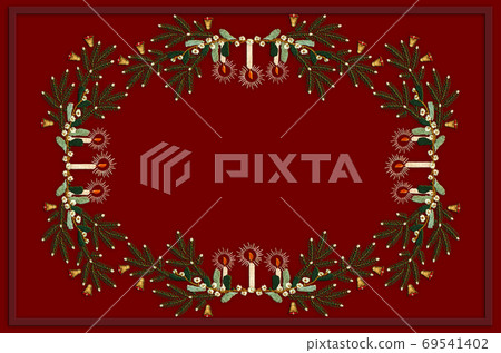 Burgundy Christmas - themed tablecloth made of spruce twigs with candles, bells next to flowers and berries with leaves on twigs Burgundy Christmas - themed tablecloth made of spruce twigs with candles, bells next to flowers and berries with leaves on twigs 69541402