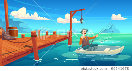 Lake with wooden pier and fisherman in boat Lake with wooden pier and fisherman in boat 69541678