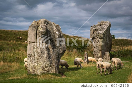Impressive standing stones from the historic circle in Avebury Wiltshire. Sheep can be seen grazing amongst the massive rocks. Impressive standing stones from the historic circle in Avebury Wiltshire. Sheep can be seen grazing amongst the massive rocks. 69542136
