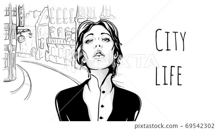 Young girl on the street of old city. Vector portrait illustration in sketch style. Young girl on the street of old city. Vector portrait illustration in sketch style. 69542302