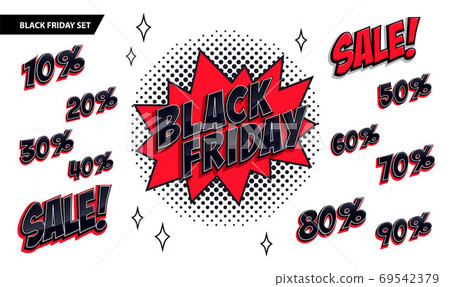 Black Friday sale set. Black friday and sale inscription and all percent numbers. Black and red colors. Pop-art comics style web banner, flash animation. 69542379
