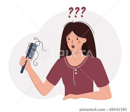 Female alopecia character loses hair with a comb. 69542395