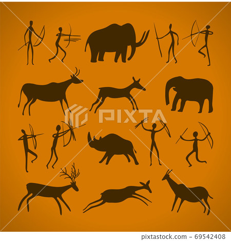 Hand-drawn pattern of cave drawings. ancient petroglyphs. Hand-drawn pattern of cave drawings. ancient petroglyphs. 69542408