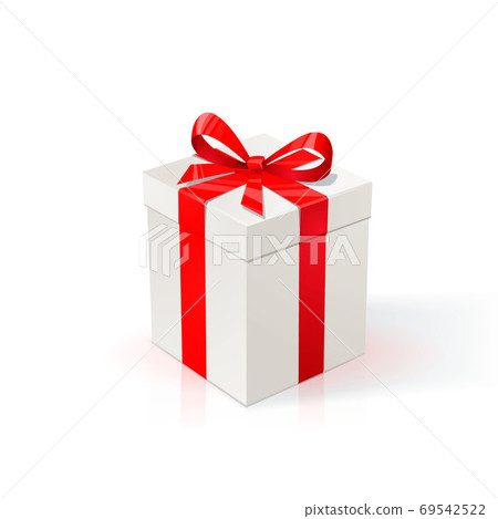 White Cardboard box with red ribbon and bow. Gift Box on white background. Happy birthday Christmas New Year wedding or Valentine day package Design. White Cardboard box with red ribbon and bow. Gift Box on white background. Happy birthday Christmas New Year wedding or Valentine day package Design. 69542522