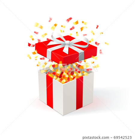 White Gift Box with red cover and gold confetti. Open gift box. festive background. Free delivery, bargain, special offer. White Gift Box with red cover and gold confetti. Open gift box. festive background. Free delivery, bargain, special offer. 69542523