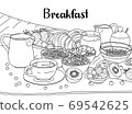 Breakfast time with fruit, coffee, tea, milk, cereal and bakery. Contour line hand drawn sketch. Vector cartoon illustration clipart. 69542625