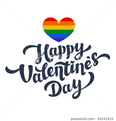 Happy Valentines Day lettering and rainbow heart. Lgbt community Valentines Day greeting card. 14th of february. Happy Valentines Day lettering and rainbow heart. Lgbt community Valentines Day greeting card. 14th of february. 69542816