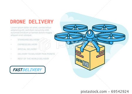 Drone delivery service. Remote air drone with parcel web template. Modern delivery of the package by flying quadcopter. Flat style concept. Quadcopter with box. Drone delivery service. Remote air drone with parcel web template. Modern delivery of the package by flying quadcopter. Flat style concept. Quadcopter with box. 69542924