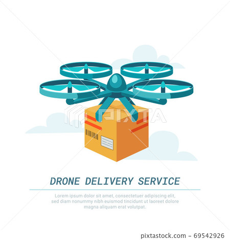 Drone delivery service. Remote air drone with parcel. Modern delivery of the package by flying quadcopter. Flat style concept Drone delivery service. Remote air drone with parcel. Modern delivery of the package by flying quadcopter. Flat style concept 69542926