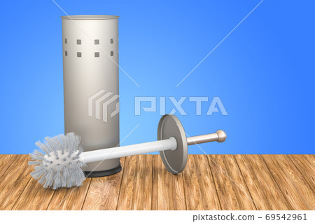 Toilet brush and holder on the wooden table. 3D rendering Toilet brush and holder on the wooden table. 3D rendering 69542961