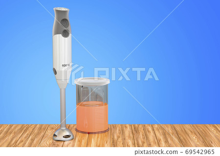 Immersion blender on the wooden table. 3D rendering Immersion blender on the wooden table. 3D rendering 69542965