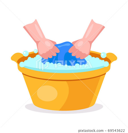 wash clothes in hand wash basins. flat vector illustration. wash clothes in hand wash basins. flat vector illustration. 69543622
