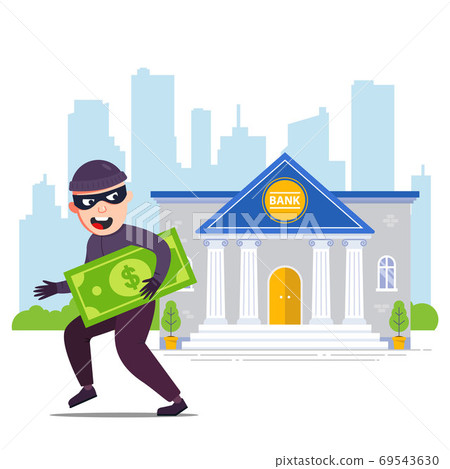 joyful robber with money runs away from the bank. flat character vector illustration joyful robber with money runs away from the bank. flat character vector illustration 69543630