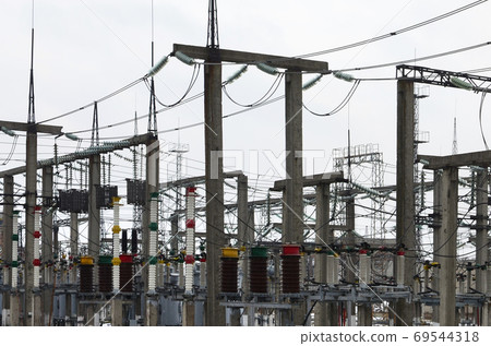 Power plant is a station of transformation. A lot of cables, pol 69544318
