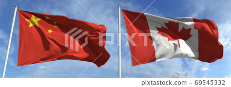 Flying flags of China and Canada on high flagpoles. 3d rendering 69545332