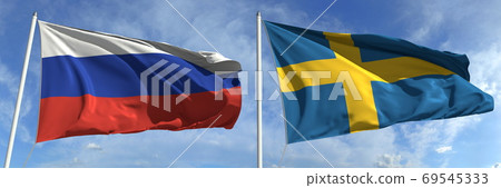 Flags of Russia and Sweden on flagpoles. 3d rendering 69545333