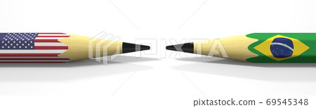 Two pencils with flags of the USA and Brazil, political conflict related 3d rendering Two pencils with flags of the USA and Brazil, political conflict related 3d rendering 69545348