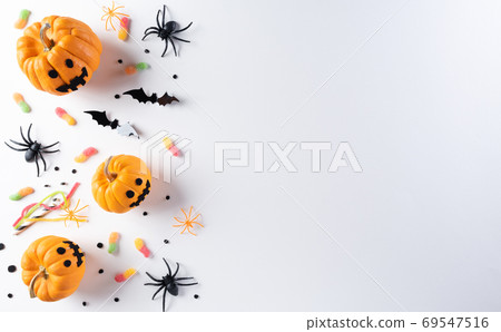 Halloween decorations made from pumpkin, paper bats and black sp Halloween decorations made from pumpkin, paper bats and black sp 69547516